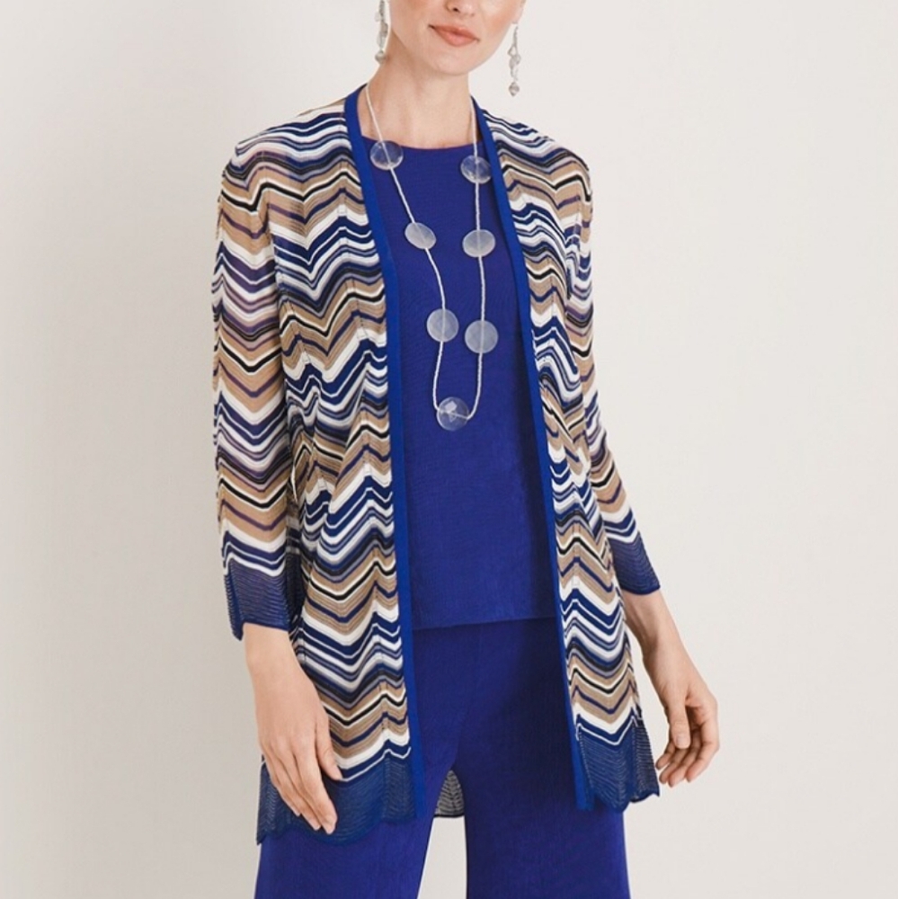 Travelers Collection by Chico's Blue/White/Brown Zig Zag Stitch Cardigan